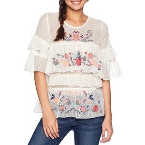 Vintage America dot mesh embroidered ruffle top